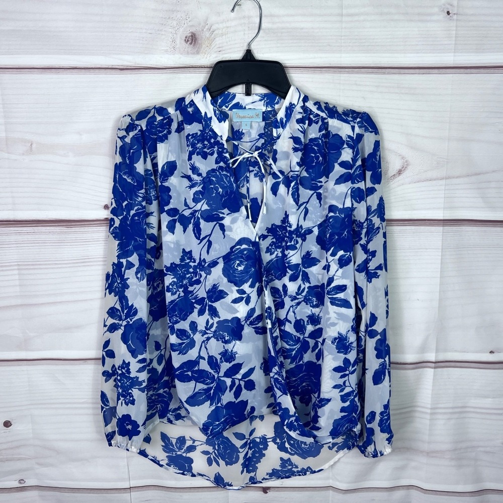 Veronica M Top Women S Blue Floral Blouse Faux Wrap Chiffon Tie Neck Long Sleeve